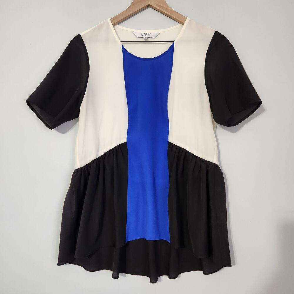 Crosby by Mollie Burch Bradley Blue Black Color Block Blouse Short Sleeve